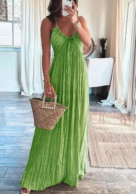 

Women's dress 2024 Summer Sexy V-Shaped Collar Halter Sleeveless Strap Sling Loose High Waist Long Maxi Dress High Streetwear