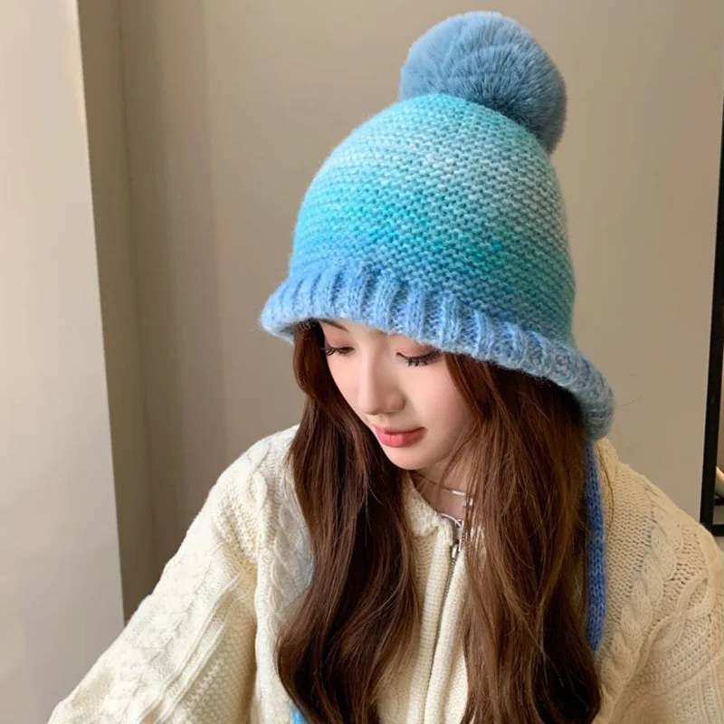 Color Wool Hat Women's Autumn and Winter Cute Lace-up Warm Knitted Headgear Contrasting Color Retro Ear Protector Pullover Hat