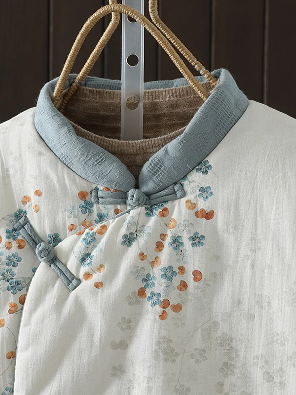 معطف Jaet نسائي من القطن بطباعة الأزهار الفنية مقاس كبير معطف الخريف والشتاء الصيني التقليدي بياقة واقفة...