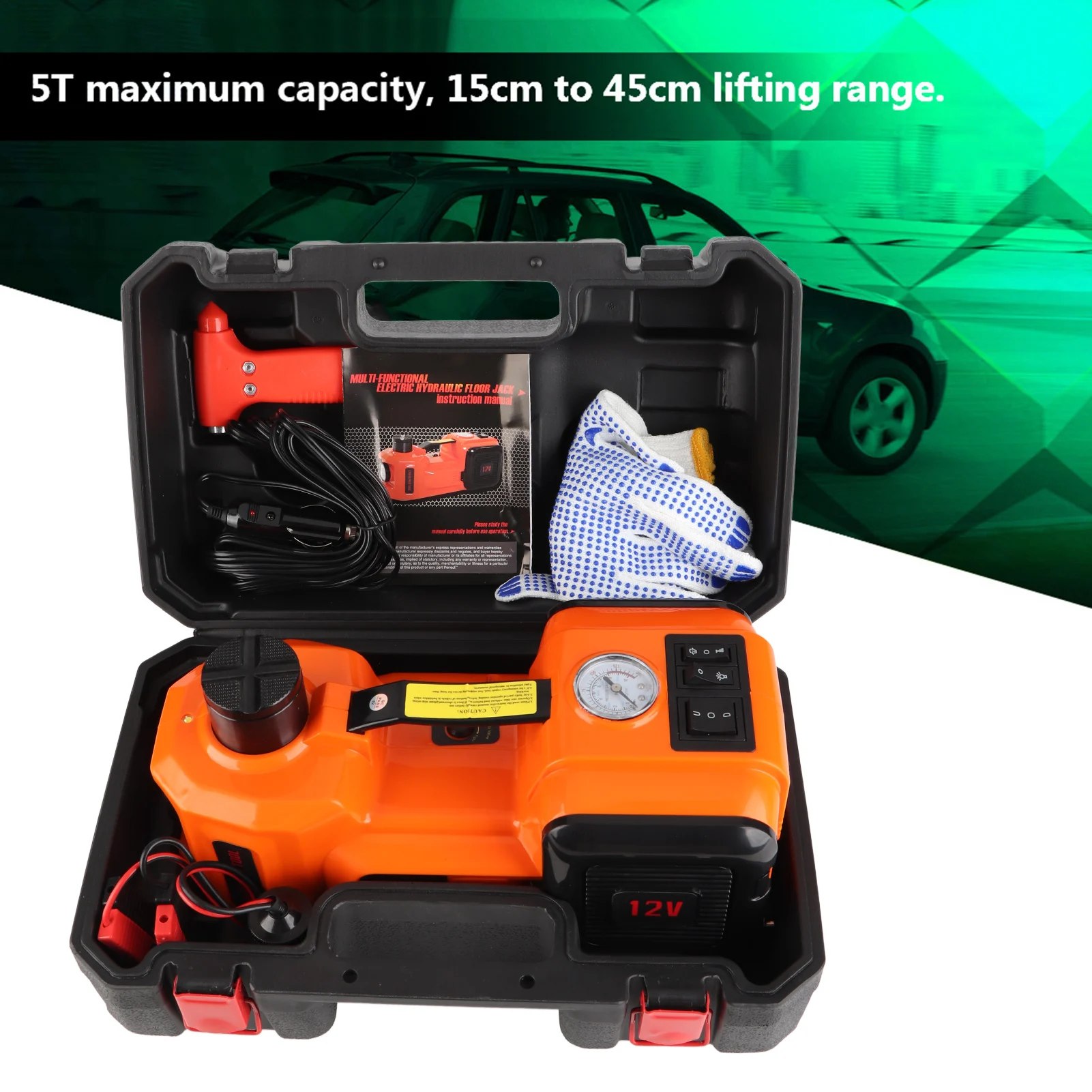 5 Ton 12V Car Jack Electric Hydraulic Jack Kit Tire Inflator Portable Tire Lifting for SUV Truck Sedan Tire Change Replacement