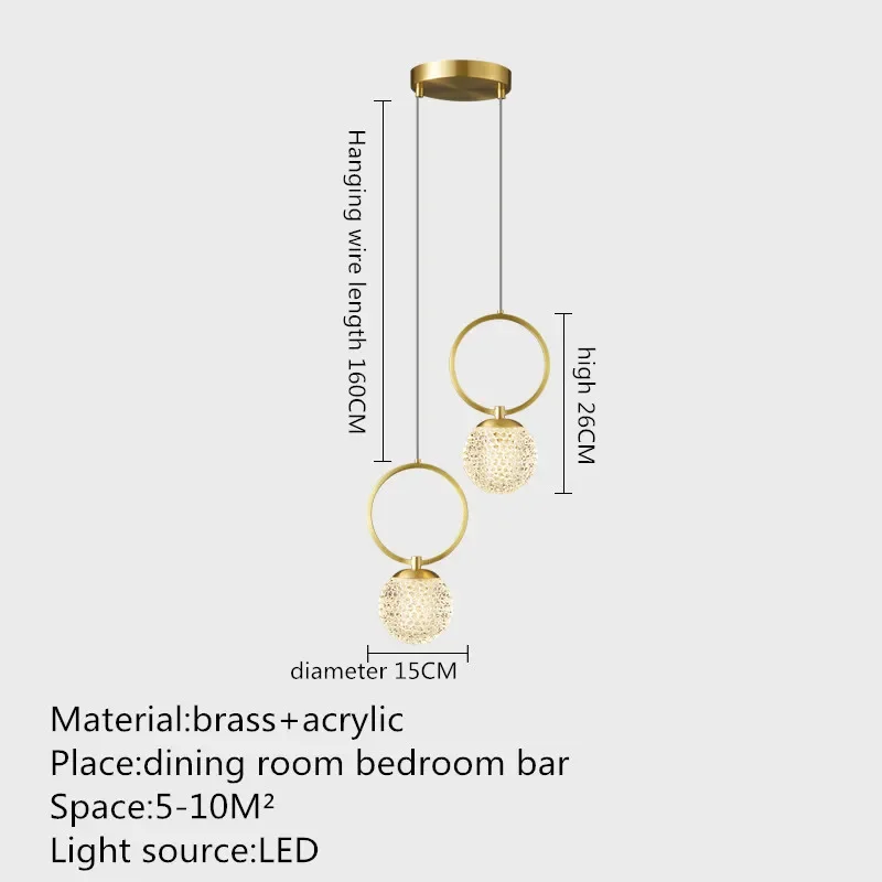 PLLY Contemporary Copper Pendant Lamp LED Gold Brass Chandelier Simple and Classic Creative Decor for Home Bedroom Bedside