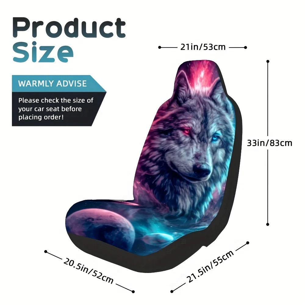 2pcs, Vibrant Astral Wolf Graphic Car Seat Covers, Machine Washable, Automotive Interior, All Season Use, Universal Fit For Most