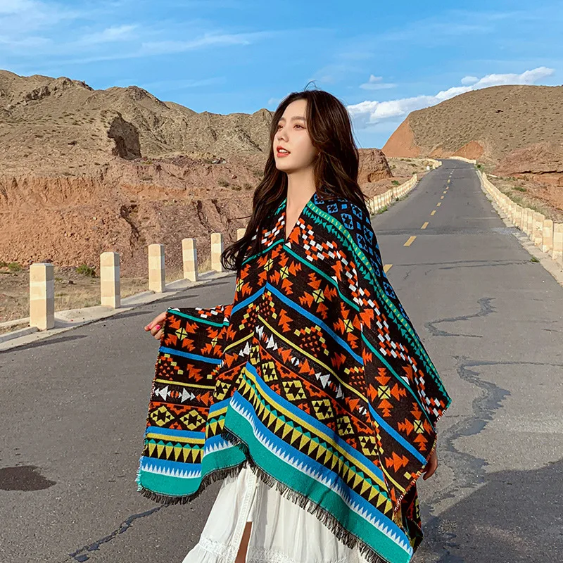 Poncho Cape Autumn and Winter Scarves Women's Travel Shawl Imitation Cashmere European and American Ethnic Style Split Cloak