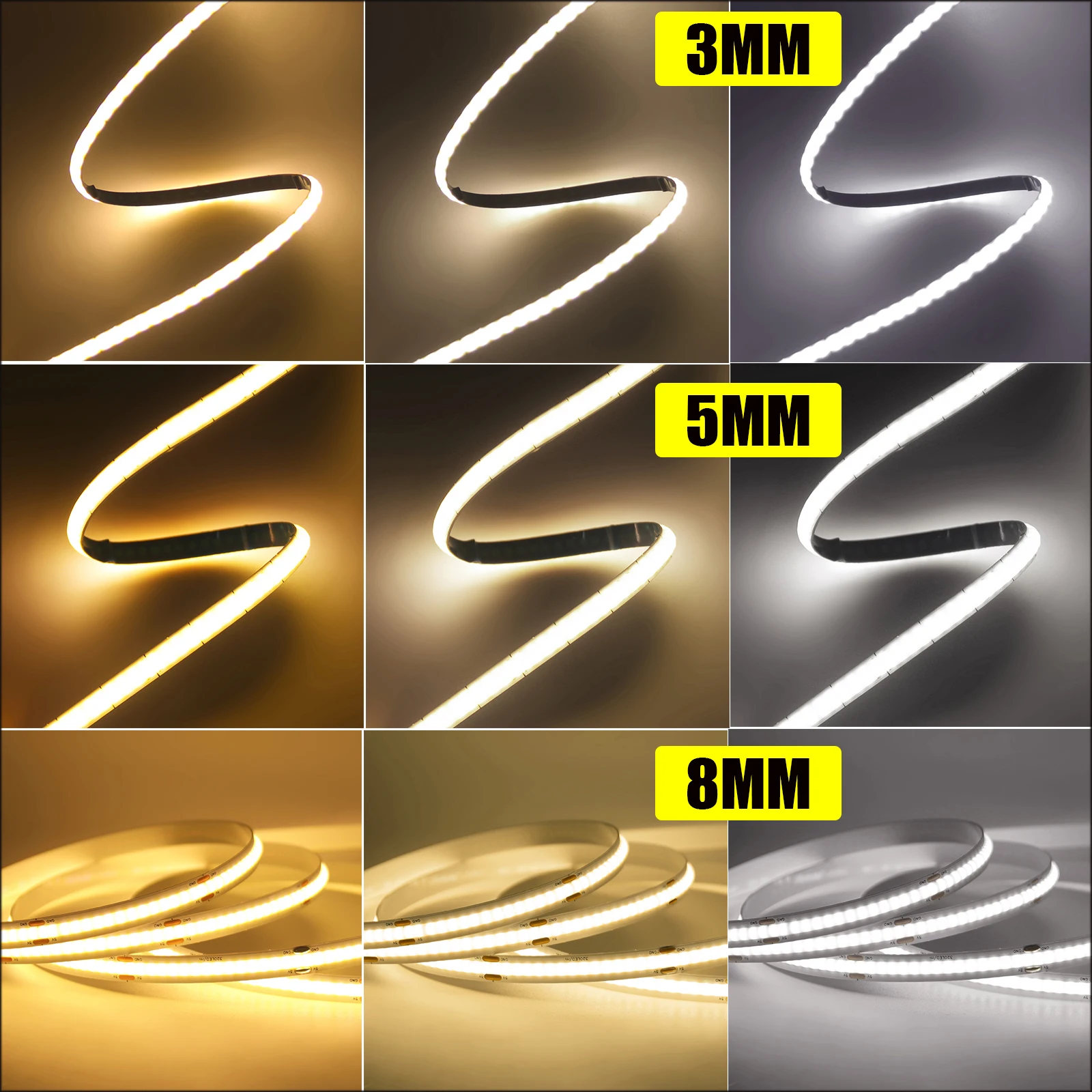 DC 12V 5V COB Strip 320Leds/M Width 3MM 5MM 8MM High Density 3000K 4000K 6000K White Flexible Ribbon Rope LED Light