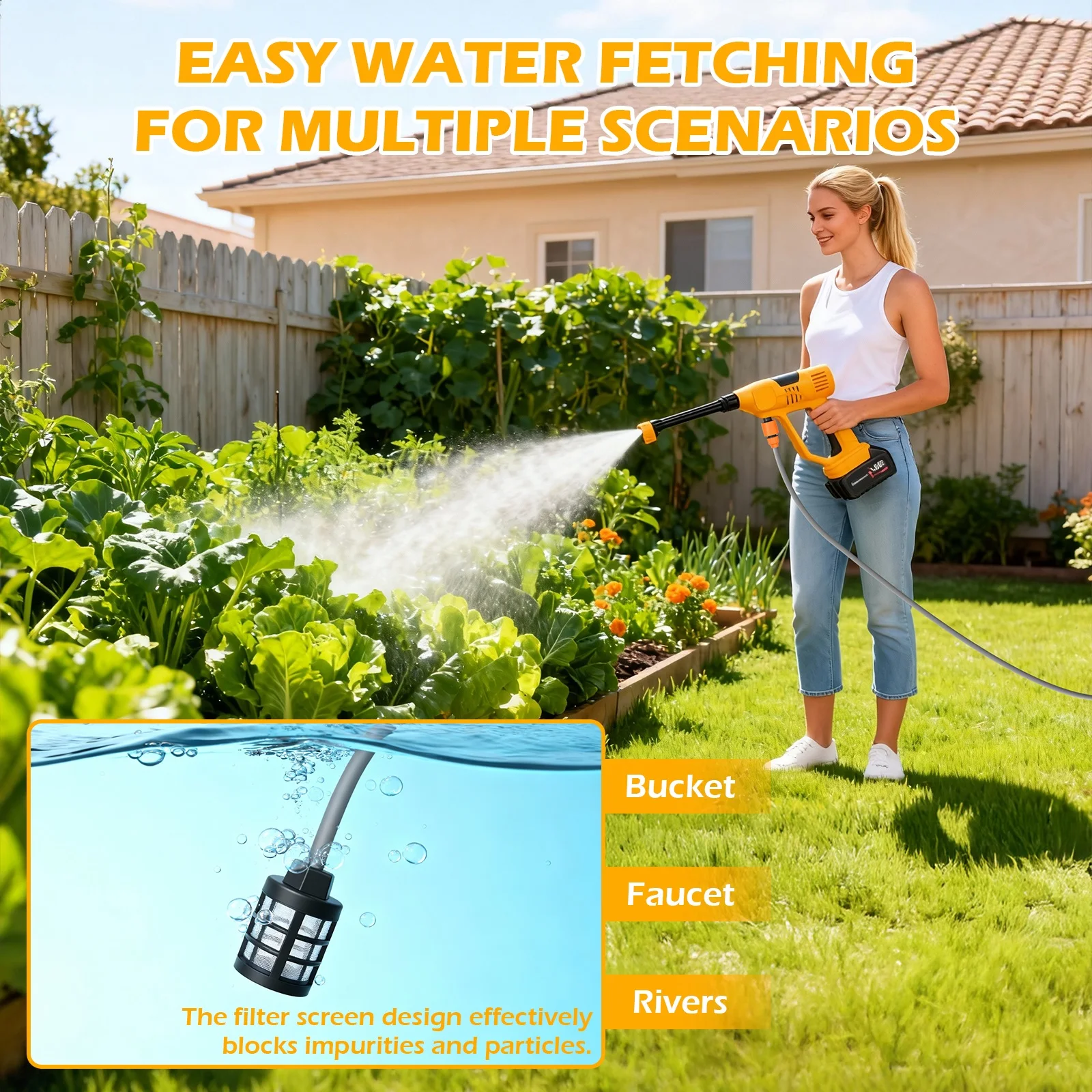 21V Cordless Pressure Washer 900PSI Portable Car Washer with 6-in-1 Nozzle 10-Speed Adjustment with 2x4.0Ah Batteries for Car Garden Floor Watering Plants