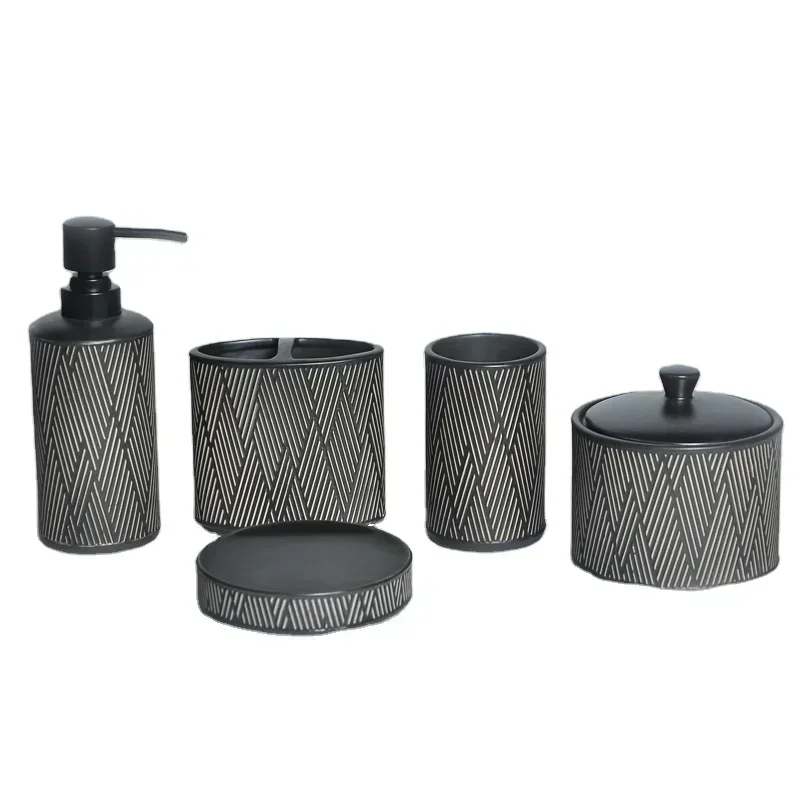 

Bathroom accessory set - cups, soap dish, liquid soap dispenser, toothbrush holder, black