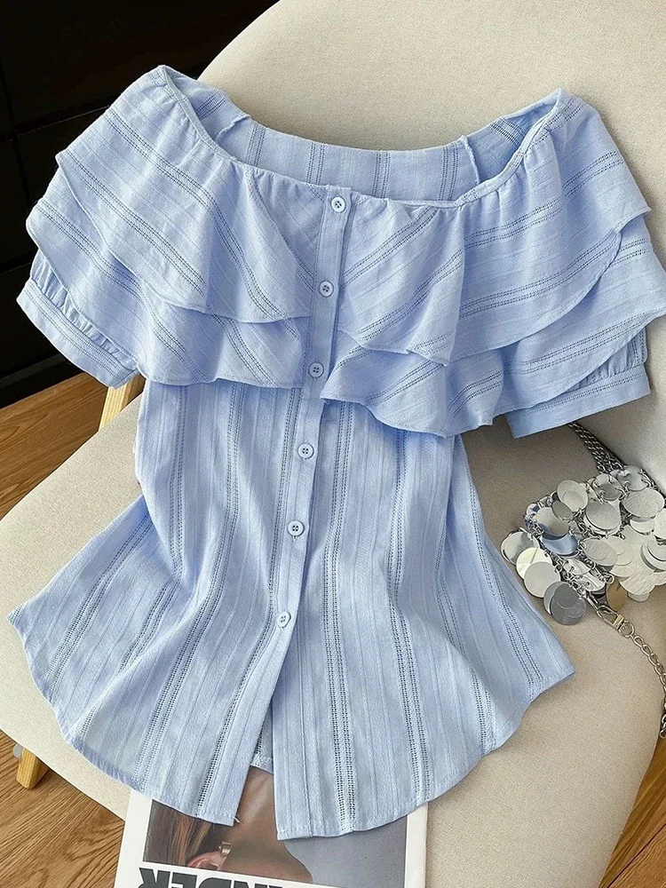 

Ruffles Sexy Off Shoulder Shirt Women Casual Short Sleeve Summer Elegant Blouse Korean Female Vintage Sweet Design Tops