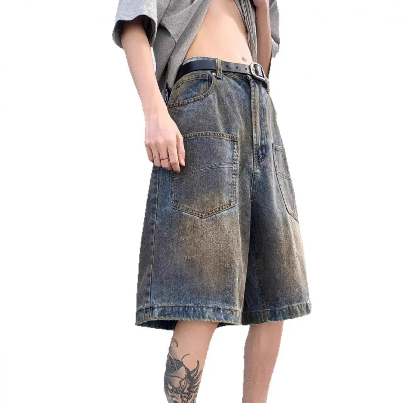 شورت رجالي صيفي جديد أمريكي ريترو عصري مغسول بتصميم عتيق شورت فضفاض بخمس نقاط