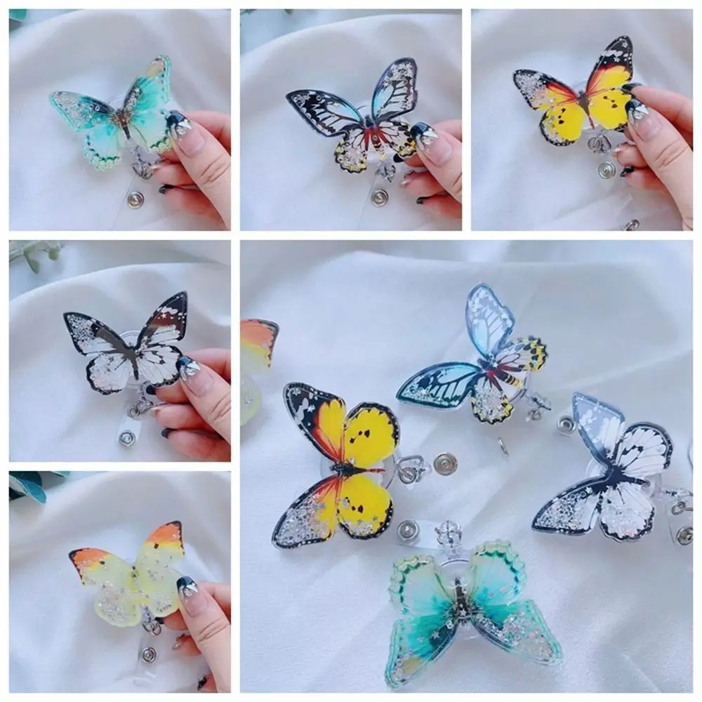 Quicksand Bead Butterfly Badge Holder Exhibition Enfermera ID Card Clip Easy Pull Buckle Work Card Chest Card