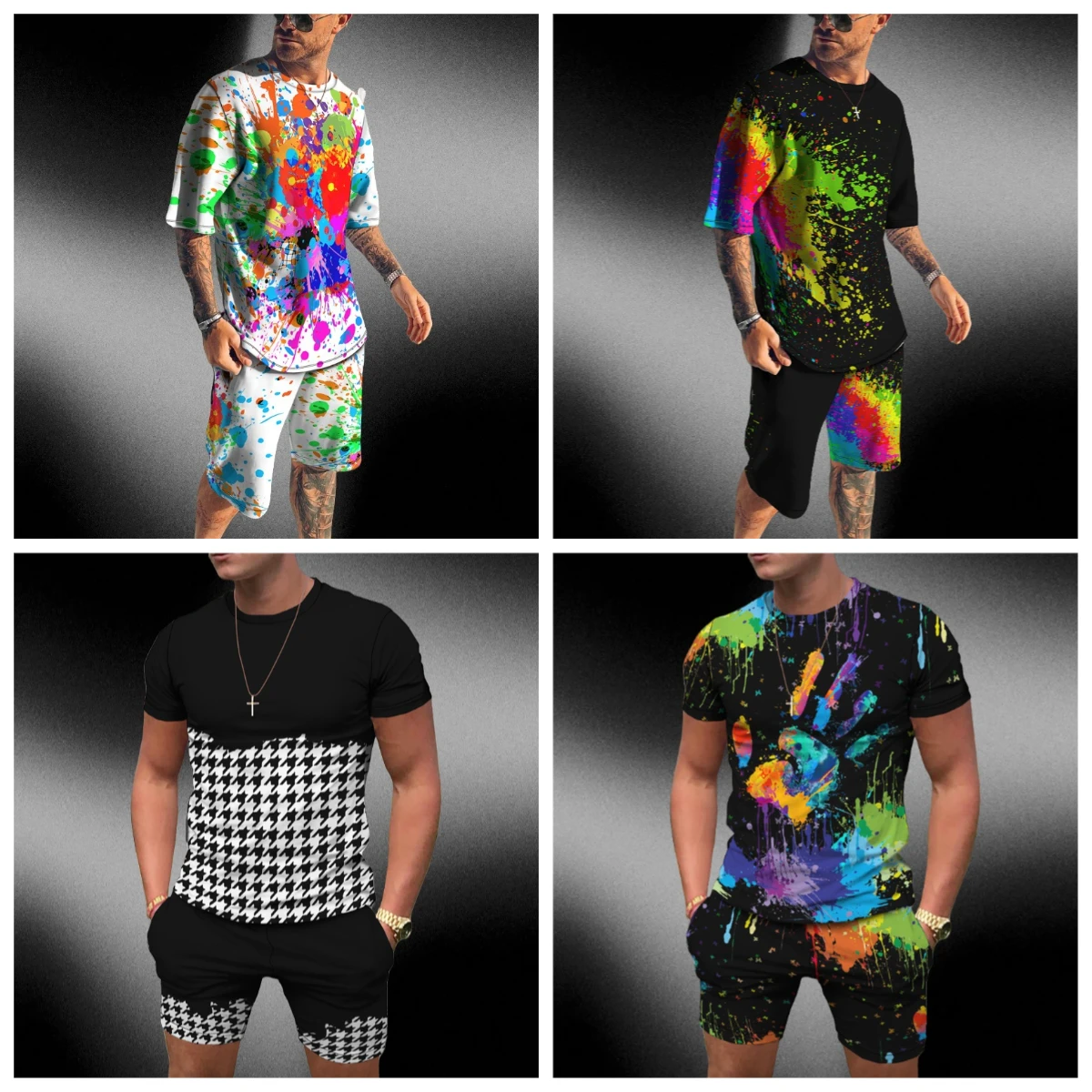 

25 Summer Men's Sportswear Large Two-Piece Retro Casual Street Suit 3D Simple Printed Beach Suit Men's T-Shirt Shorts Sportswear