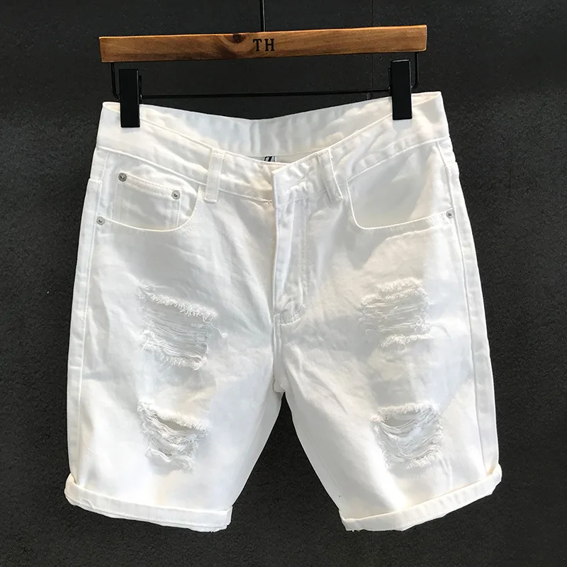 2023New Hong Kong Version Street Fashion White Hole Denim Shorts Men's Casual Trend Summer Scrape Beggar Five Points