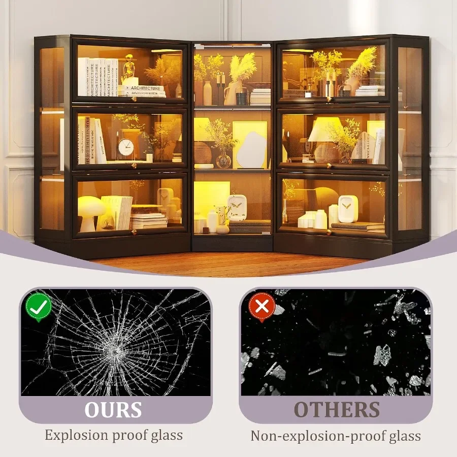 Corner display cabinet with glass doors for living room, engineered wood in black with RGB lights and 3-tier wood shelves, idea view 4