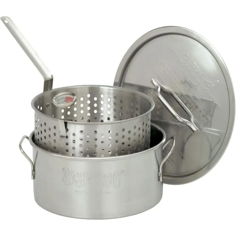 

10-Quart Stainless Steel Frying Pan with Perforated Basket, Thermometer, and Lid - Ideal for Shrimp, Chicken, Hushpuppies, and F