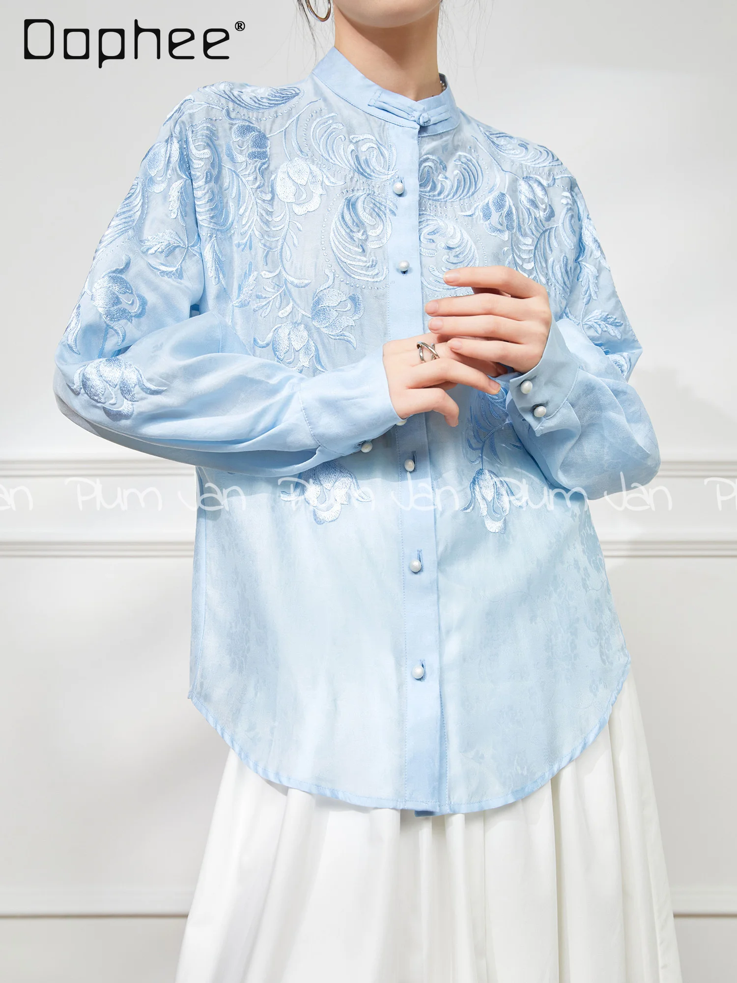 새로운 중국 스타일 수 놓은 셔츠 하이 엔드 라이트 럭셔리 스탠드 칼라 싱글 브레스트 긴팔 셔츠 여성 봄 여름
