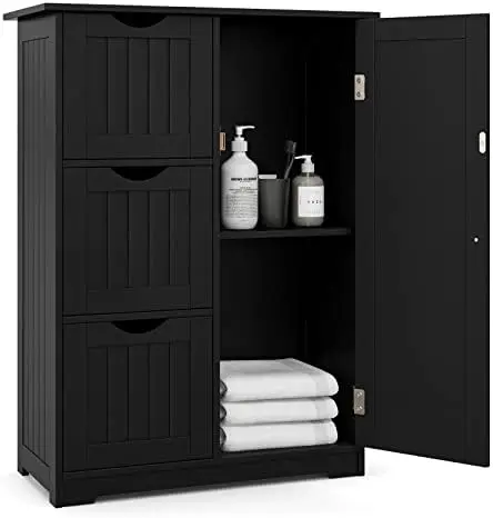 

Bathroom Floor Cabinet, Freestanding Side Cabinet w/ 3 Drawers & 1 Cupboard, 1 Adjustable , Wood Entryway Organizer for Ho
