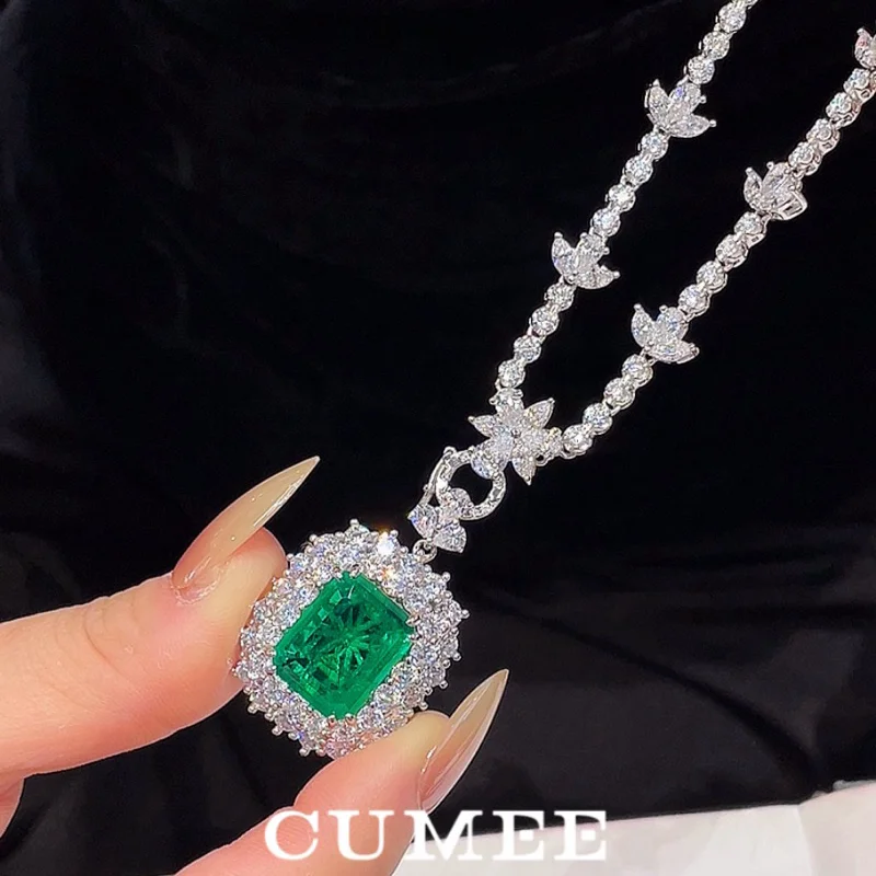 Cumee Detachable Lab Created Emerald Pendant Necklace for Women 925 Sterling Silver White Gold Plated Party Anniversary