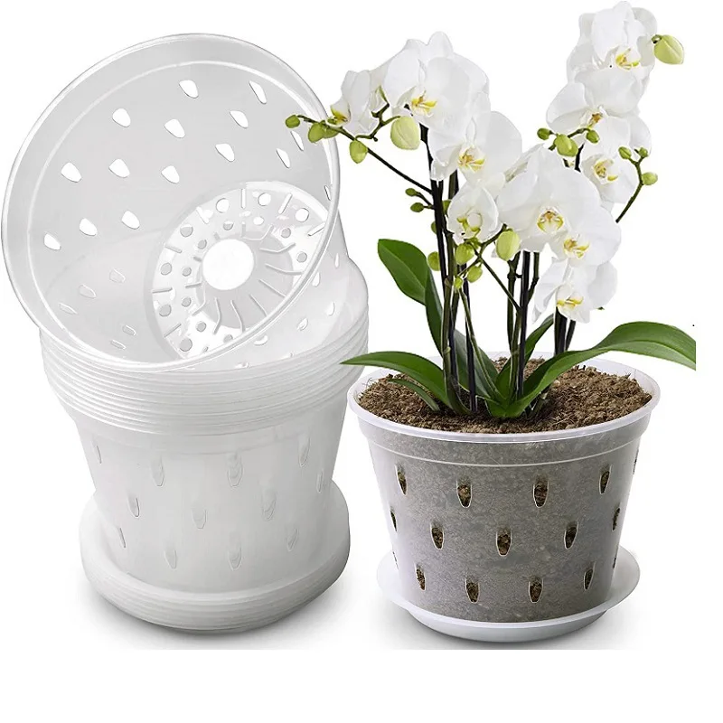 1Pcs 17cm home Transparent Orchid Pots Flower Planters Side Holes Design Plastic Orchid Pots With Trays Growth Gardening Tools