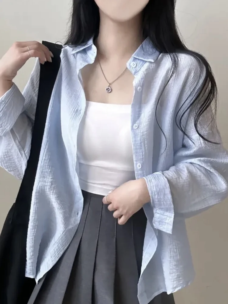 Women's Long Sve irt Jaet Thin Vintage Turn-down Collar Single Button Chic Small Size Top Korean Sle Loose Fit Pure ...