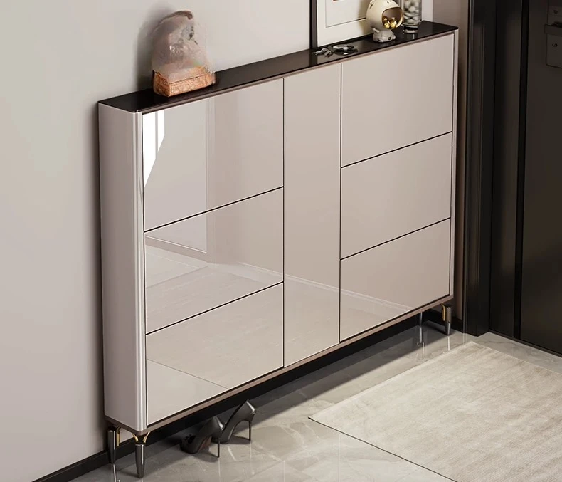 LMM Ultraflacher Schuhschrank für den Haushalt, schmaler 17cm Schuhschrank mit Kippfunktion und Schloss für den Innenbereich