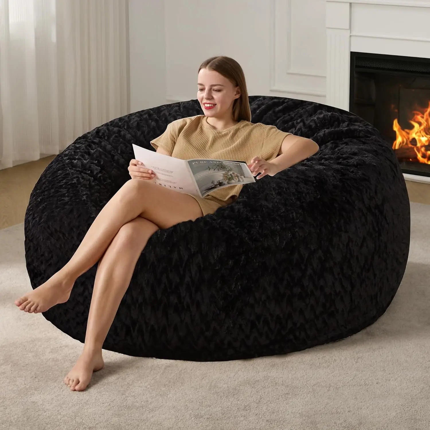 Large 5ft Bean Bag Chair with Plush Fur Cover, Removable Washable for Living Room Bedroom Office - Black (50x50x24)