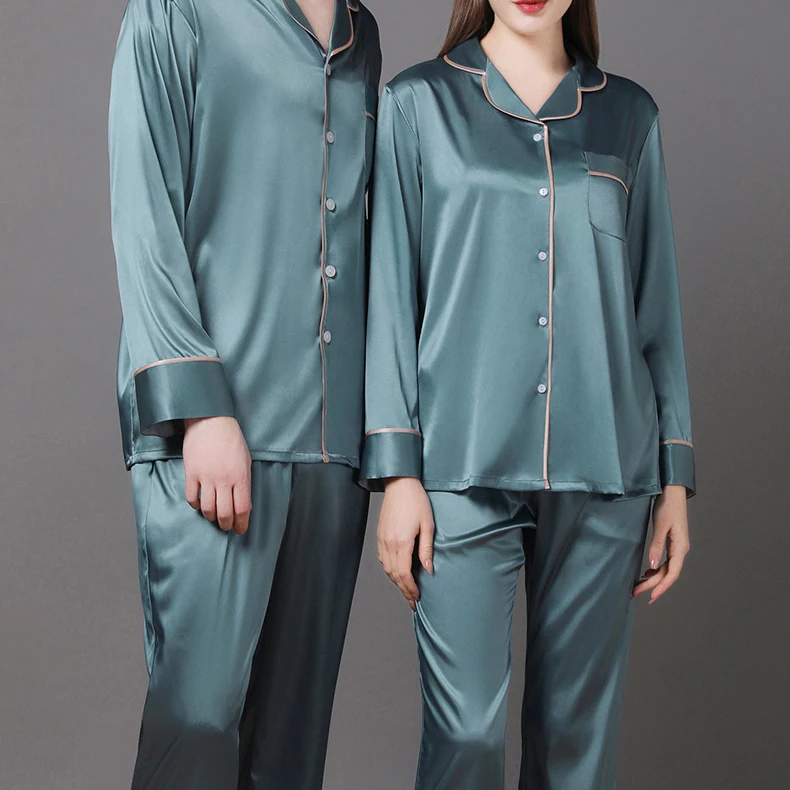 PLUS SIZE Couple Pajamas Set Spring Autumn Sleepwear Long Sleeve Trouser Suit Pyjama Fashion Loose Satin Home Wear Lounge Wear