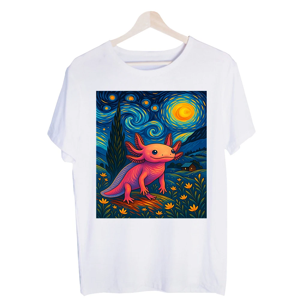 Men's Axolotl Fantasy Night Sky Graphic Tee, Short Sleeve Artistic Print T-Shirt for Casual Daily Wear