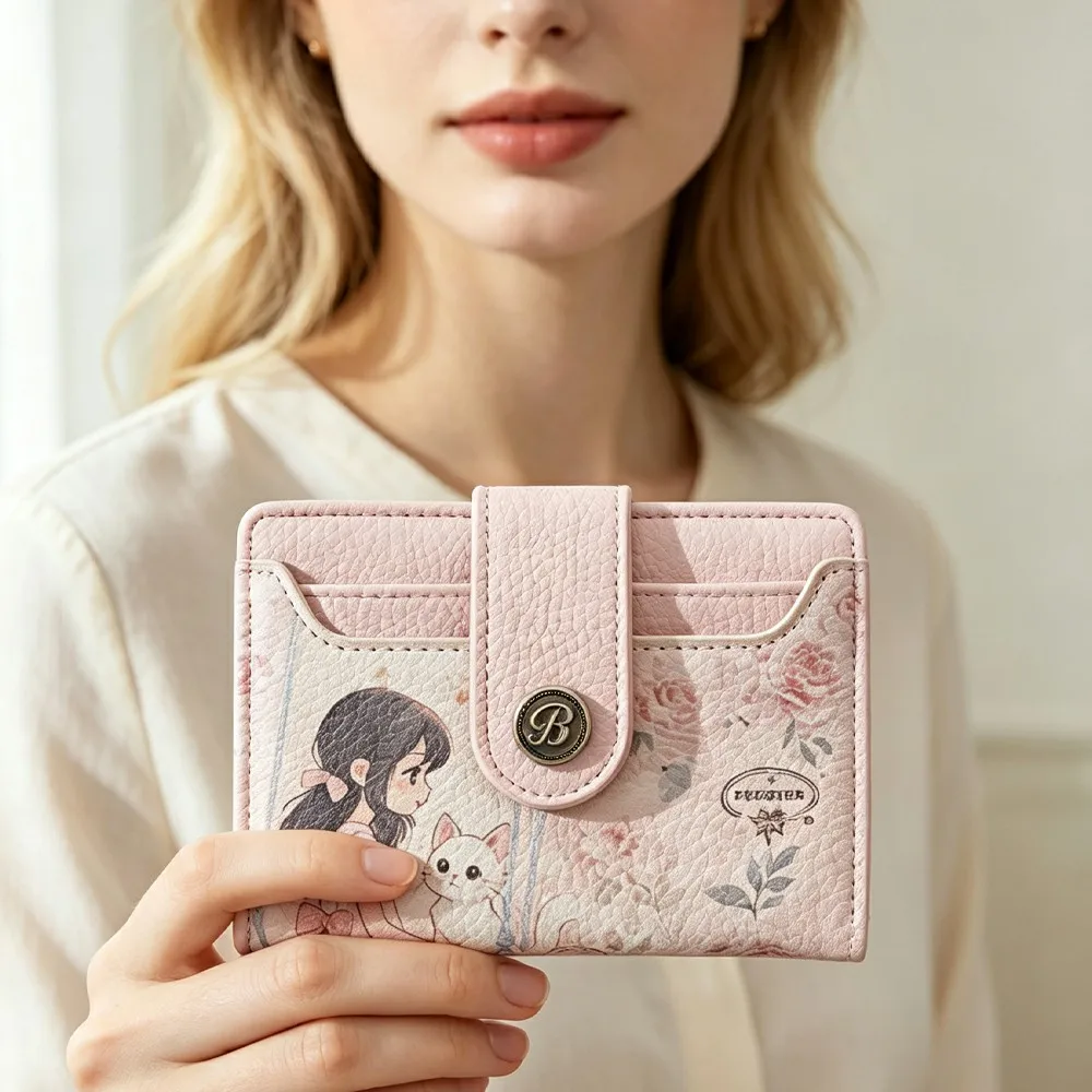 1pc Cute Floral Girl Cat Print Women's Short Wallet, Lightweight PU Bifold Purse, Multi-Card Slot ID Photo Window Zipper Coin Purse, Gift for Girls
