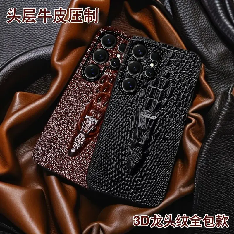 Luxury Genuine Leather 3d Dragon Head Phone Case For Samsung Galaxy S25 S24 S23 S22 S21 Ultra Plus Skin Pattern Protective Cover