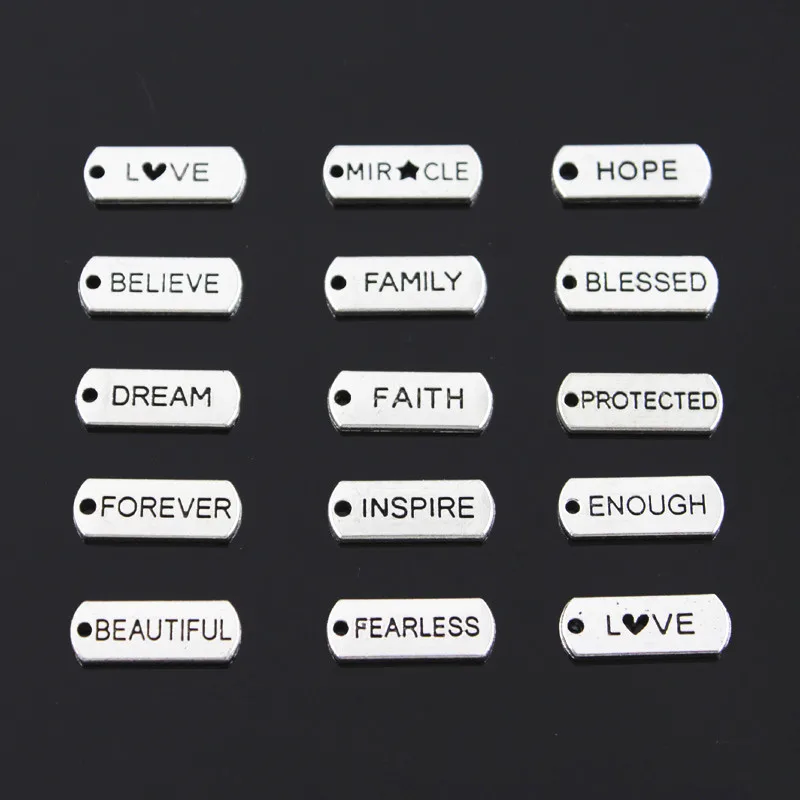 20pcs Charms Love Dream Forever Family Faith Hope Brave Blessed Believe Fearless 21x8mm Tibetan Pendants DIY Antique Jewelry