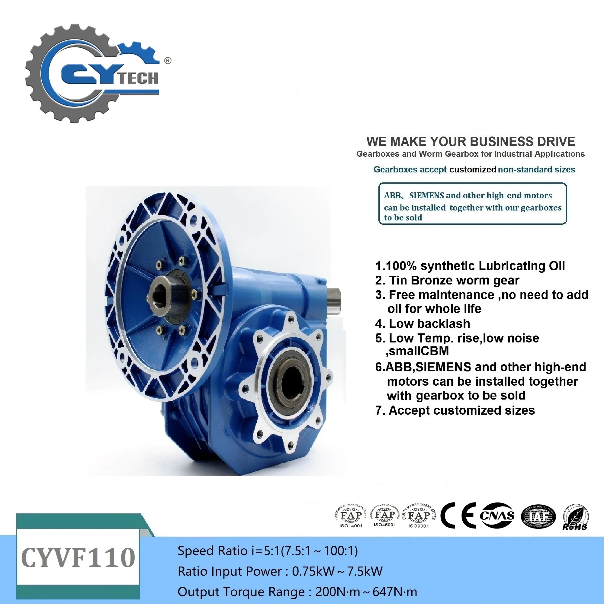 CHENYUE Worm Gearbox CYVF-VS 110 Gear reducer  Input 19/24/28/38mm FL 80B5/90B5/100B5/132B5 Output42mm Ratio 7.5-100