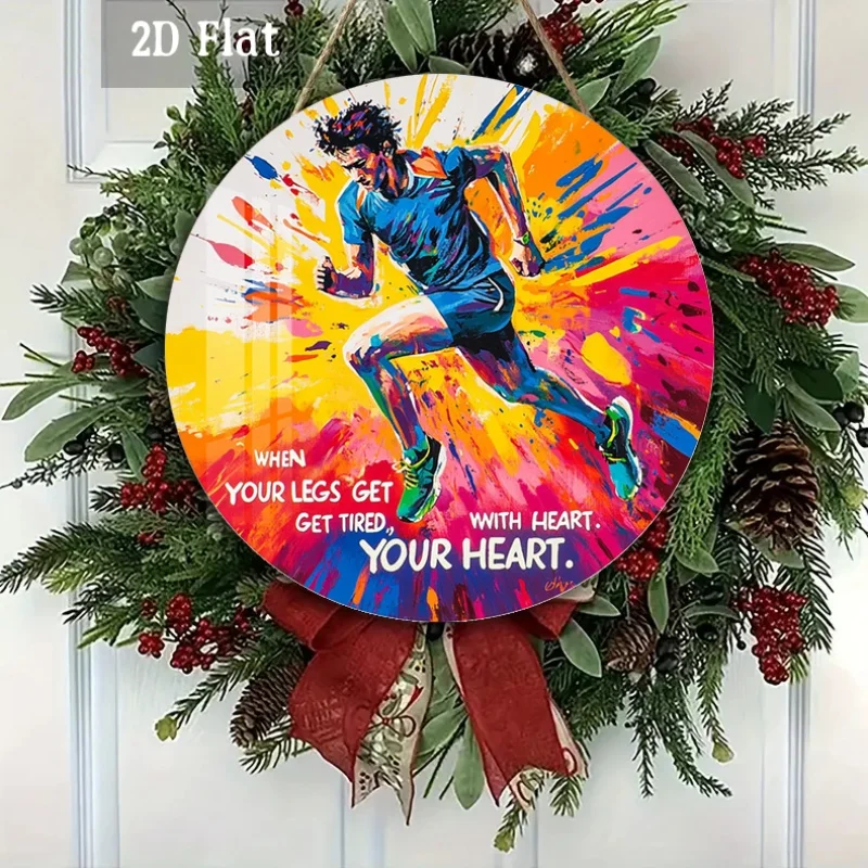 2D Flat, Round Wooden Hanging Sign with Colorful Ink Splatter & English Motivational Slogans - Artificial Wood Wall-Mounted Fitn