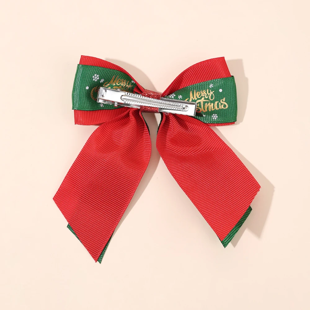 عيد ميلاد سعيد القوس مقاطع الشعر للفتيات طبقة مزدوجة الشريط Bowknot دبابيس الشعر الذهب الغزلان طباعة مشبك الأطفال إكسسوارات الشعر #3