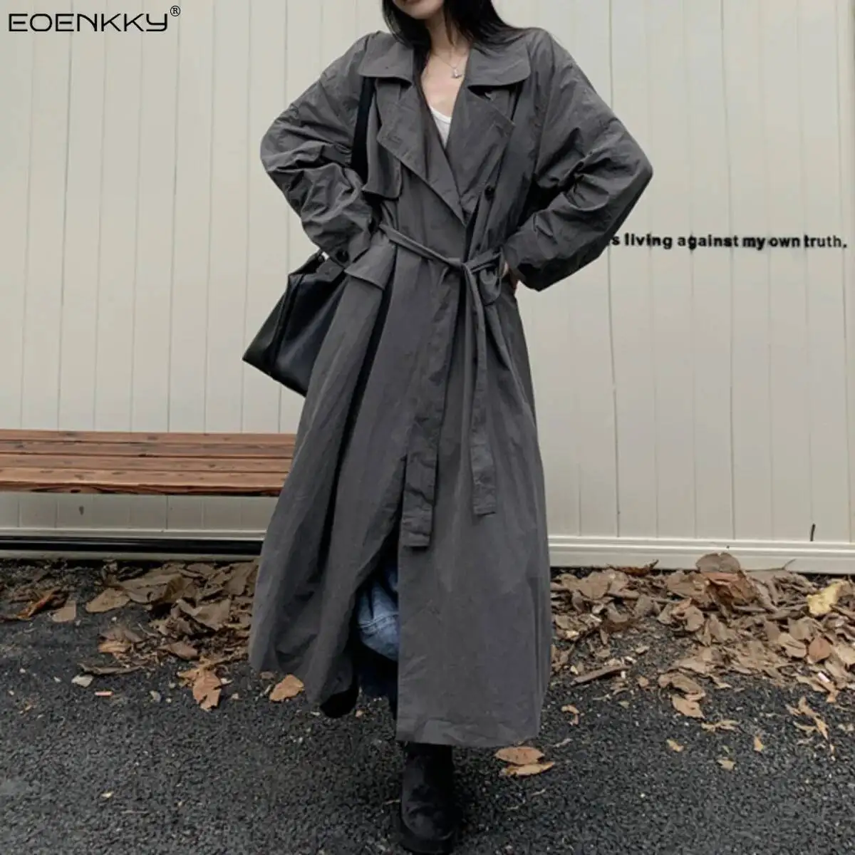 

EOENKKY Дизайн, облегающий талию, прозрачный воротник, сплошной цвет. Весна 2025 года, новый стиль, высококачественное длинное пальто для женщин