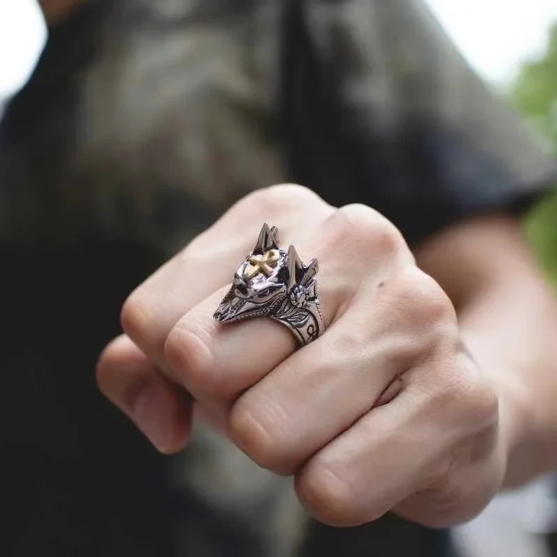 Men'S Death Fashionable Gifts Anubis Wolf Punk Ring And