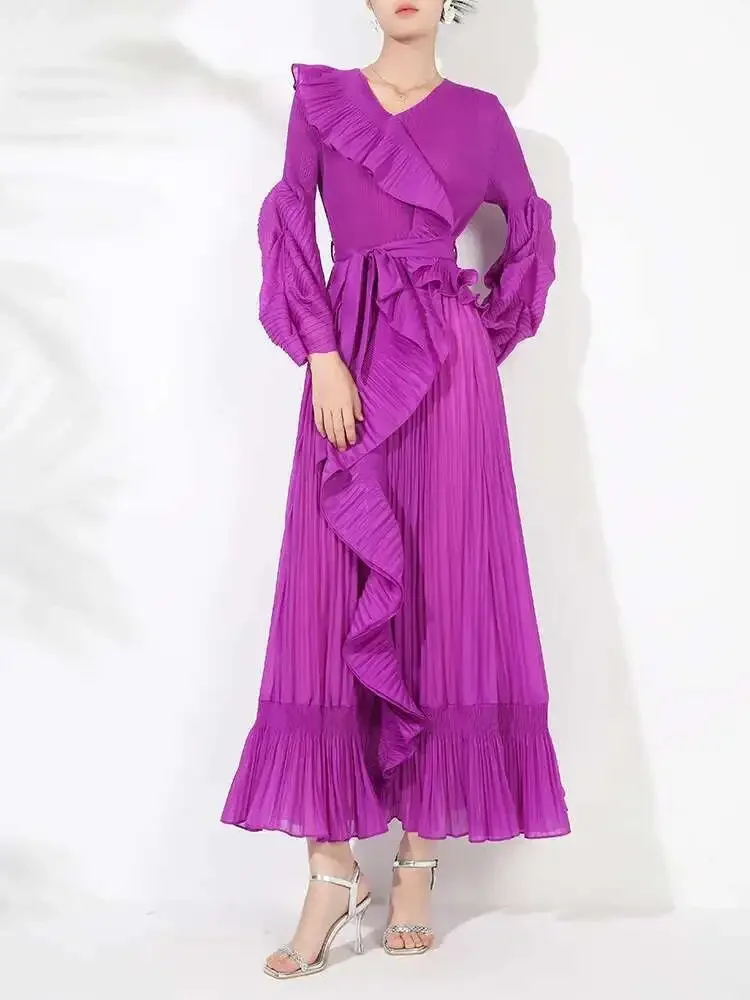

Miyake Style Ruffles Pleated Maxi Dress for Women Long Lsleeves Gathered Waist Belt Dresses Female Festival Clothing 2025 New