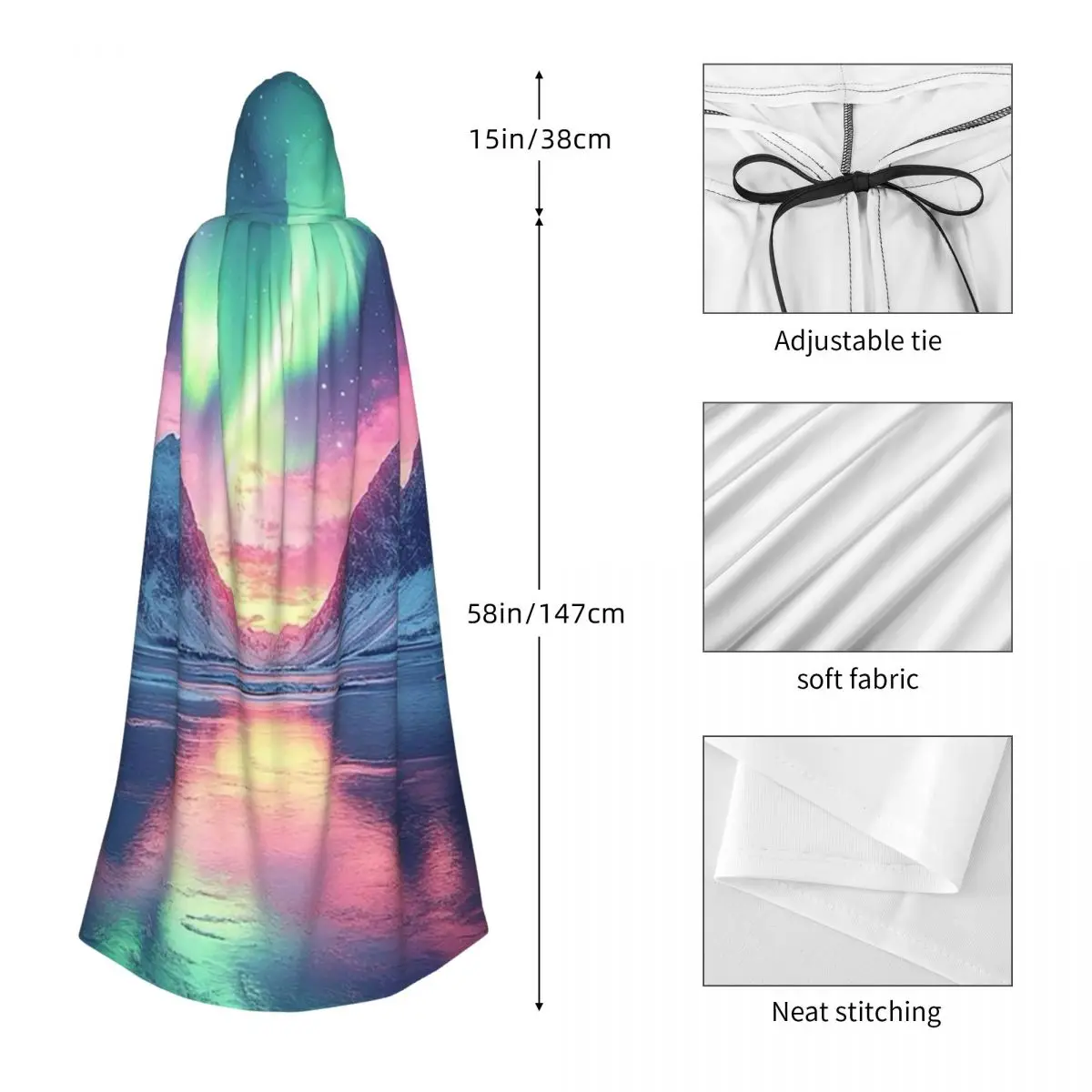 ファンタジー オーロラ ボレアリスと雪 ロングフード付きマント 魔女 中世コスチューム コスプレケープ ハロウィンヴァンパイア 大人用 ユニセックス