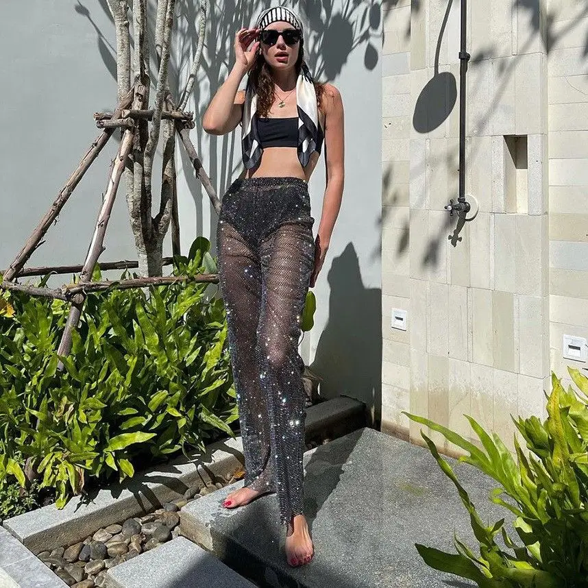 크로스보더 여성 패션 메쉬 스팽글 팬츠 나이트클럽 파티 핫걸 메쉬 바지 스트레이트 레그...