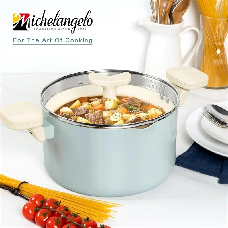 

MICHELANGELO 6-Quart Italian Non-Stick Pot with Filter Lid Cooking Pot Ceramic Coating Twist Lock Handle Induction Compatible