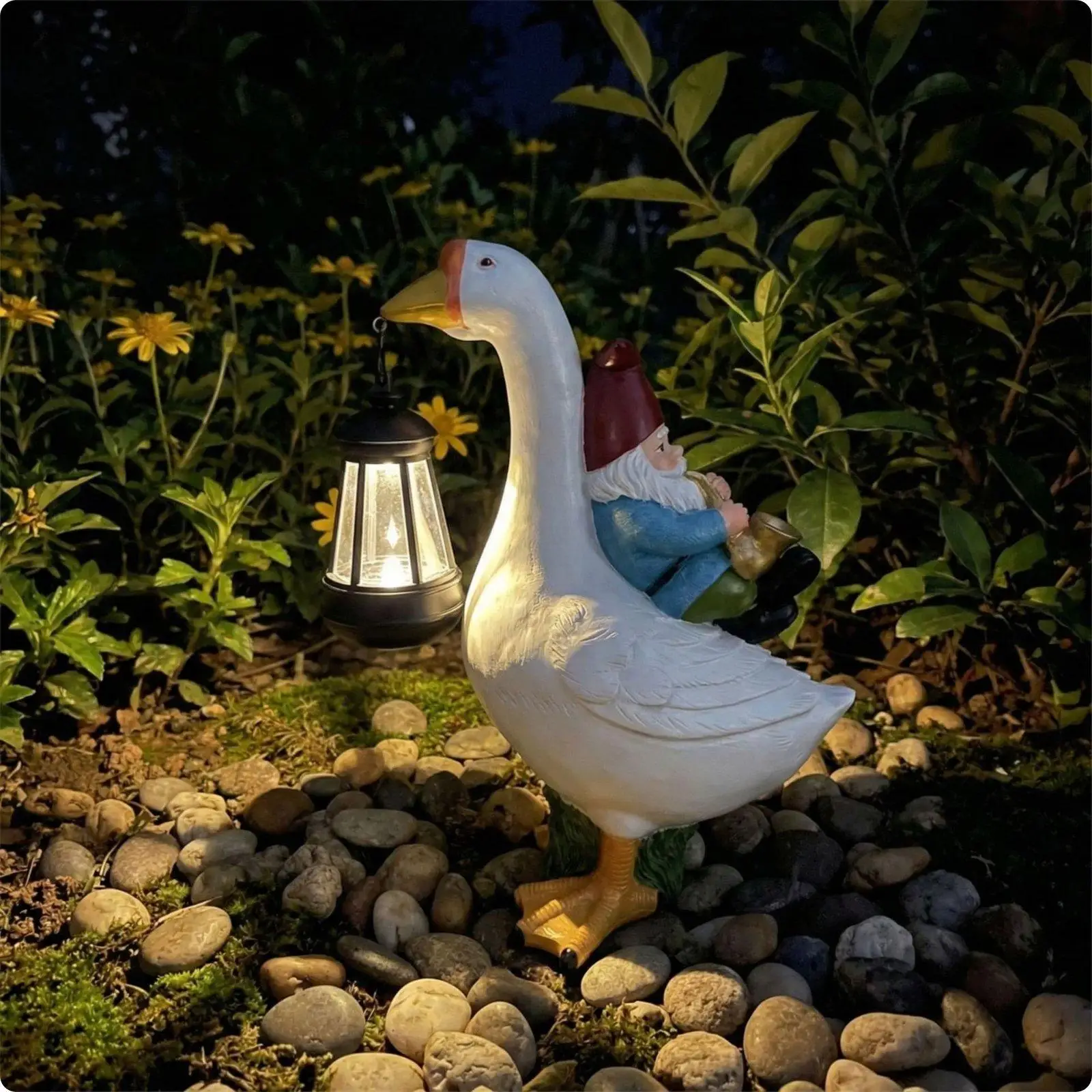 Gnome Riding Goose Statue Whimsical Design Goose Solar Light Weather Resistant Outdoor Lighting for Yard, Patio, Porch