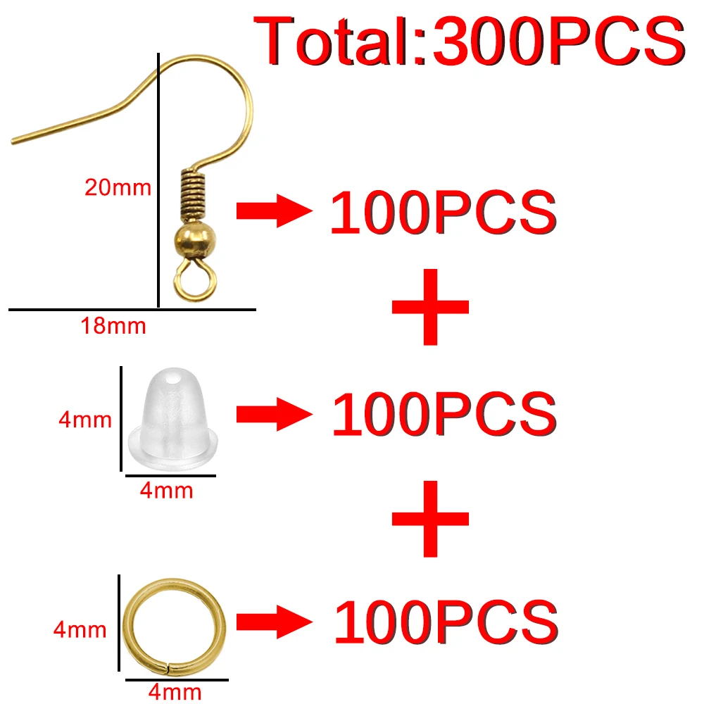 100/300pcs/Lot Mix-color Hypoallergenic Earring Hook Kit Ear Wires Fish Hooks Open Jump Rings Earplugs For DIY Jewelry Making