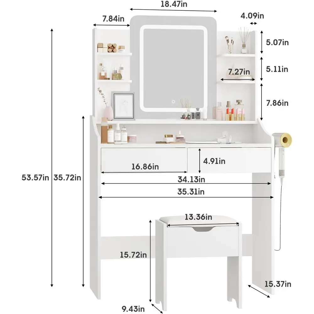 Vabches Vanity Desk with LED Mirror, Makeup Vanity with Power Outlet | 3 Lighting es Dring Table with 2 Ders & Hair Dryer Holder