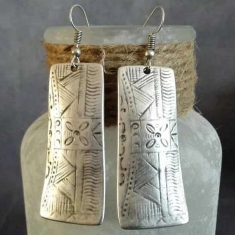 Antiqu Silvery Dangle Statement Earrings, Bohemian Engraved Earrings, Ethnic Earrings, Boho Jewelry