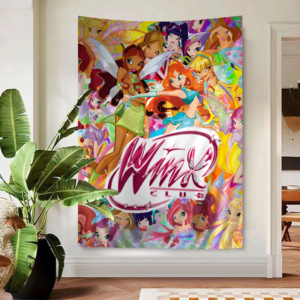 Girl-W-Winx Catoon Clubs Anime Tapestry Hippie Flower Wall tappeti Dorm Decor Wall Hanging Home Decor