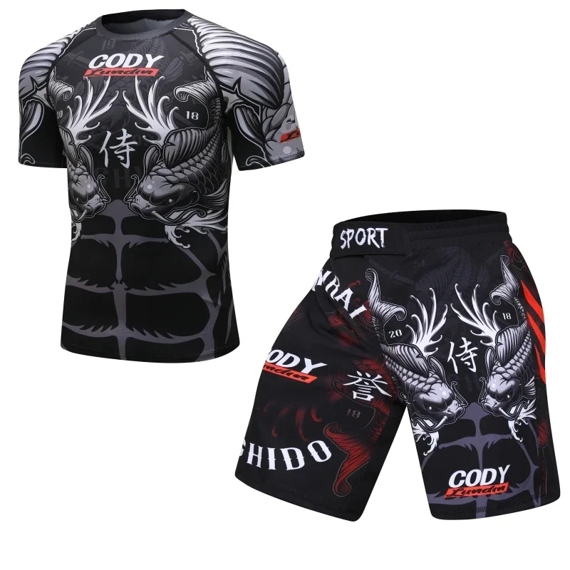 MMA Tracksuit Compression Shirt Pants Shorts Running Set Men Muay Thai Boxing Rashguard Fitness Workout Sportswear Gym  Clothing