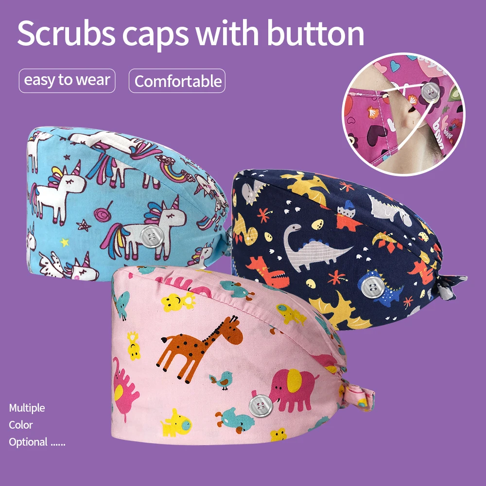 Beautician Work Hat Laboratory Unisex Scrubs Caps Wholesale Breathable Cute Cartoon Floral Printed Tie Back Scrubs Hat Pet Shop