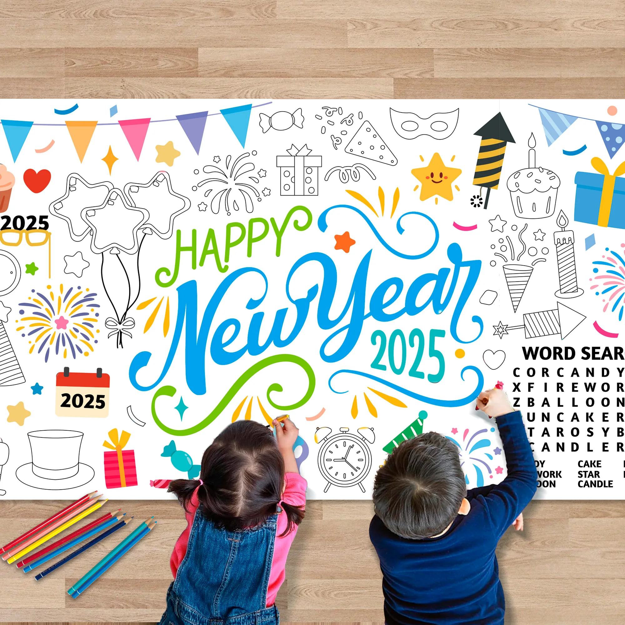 

Giant New Years Coloring Poster, 71''x31.5'' Happy New Year Large Coloring Poster,New Year Giant Coloring Poster for Kid