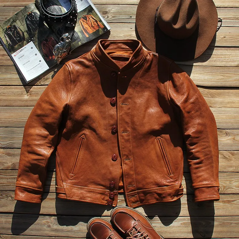 

Men's stand-up collar single-breasted vegetable-tanned leather