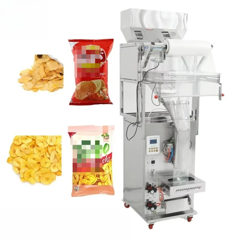 

snack granules, front slices, banana chips, potato chips, packaging machine, multi-functional packaging machine