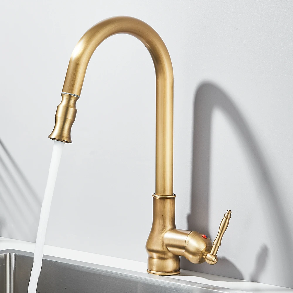 Retro Brass Kitchen Sink Faucet Pull Out Spout Spray Single Handle Hot Cold Water Crane For Kitchen Antique Brass Faucet