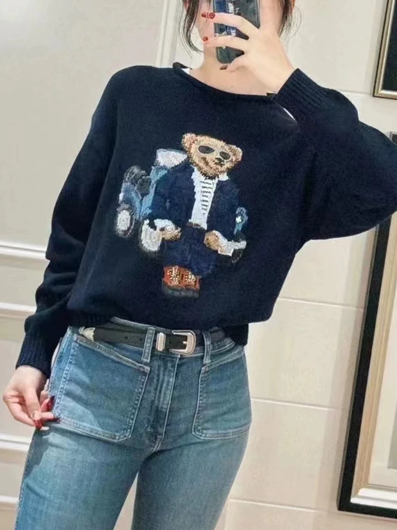 Sweater Women's 2024 Autumn and Winter时尚休闲 Teddy Bear Pattern Pure Cotton Warm Knit Sweater Unisex Sports Shirt